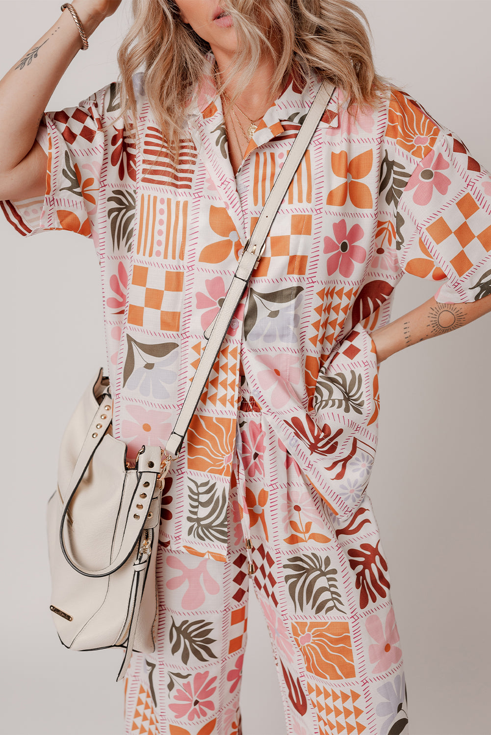 Orange Plant Checkered Print Collared Shirt and Wide Leg Pants Set-Chaelisa's New Jammies