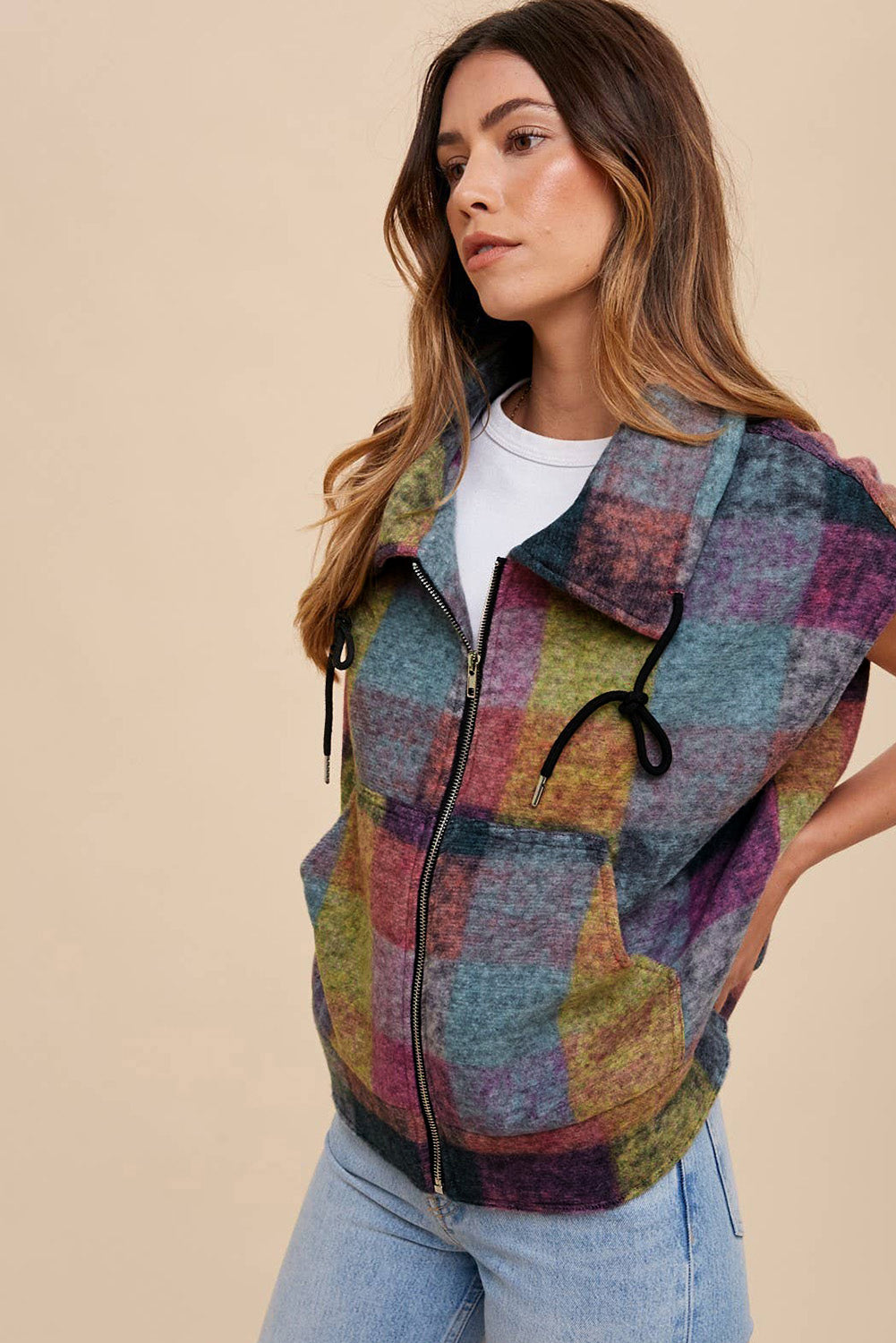 Multicolor Plaid Print Side Pockets Zipped Loose Vest-Chaelisa's New Jammies