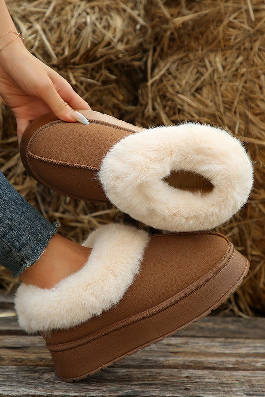 Chestnut Plush Suede Trim Thick Sole Flat Snow Boots-Chaelisa's New Jammies