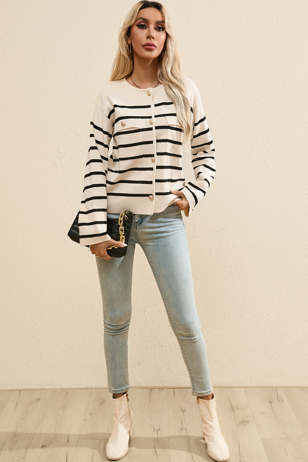 Black Stripe Flap Pocket Buttoned Cardigan Sweater-Chaelisa's New Jammies