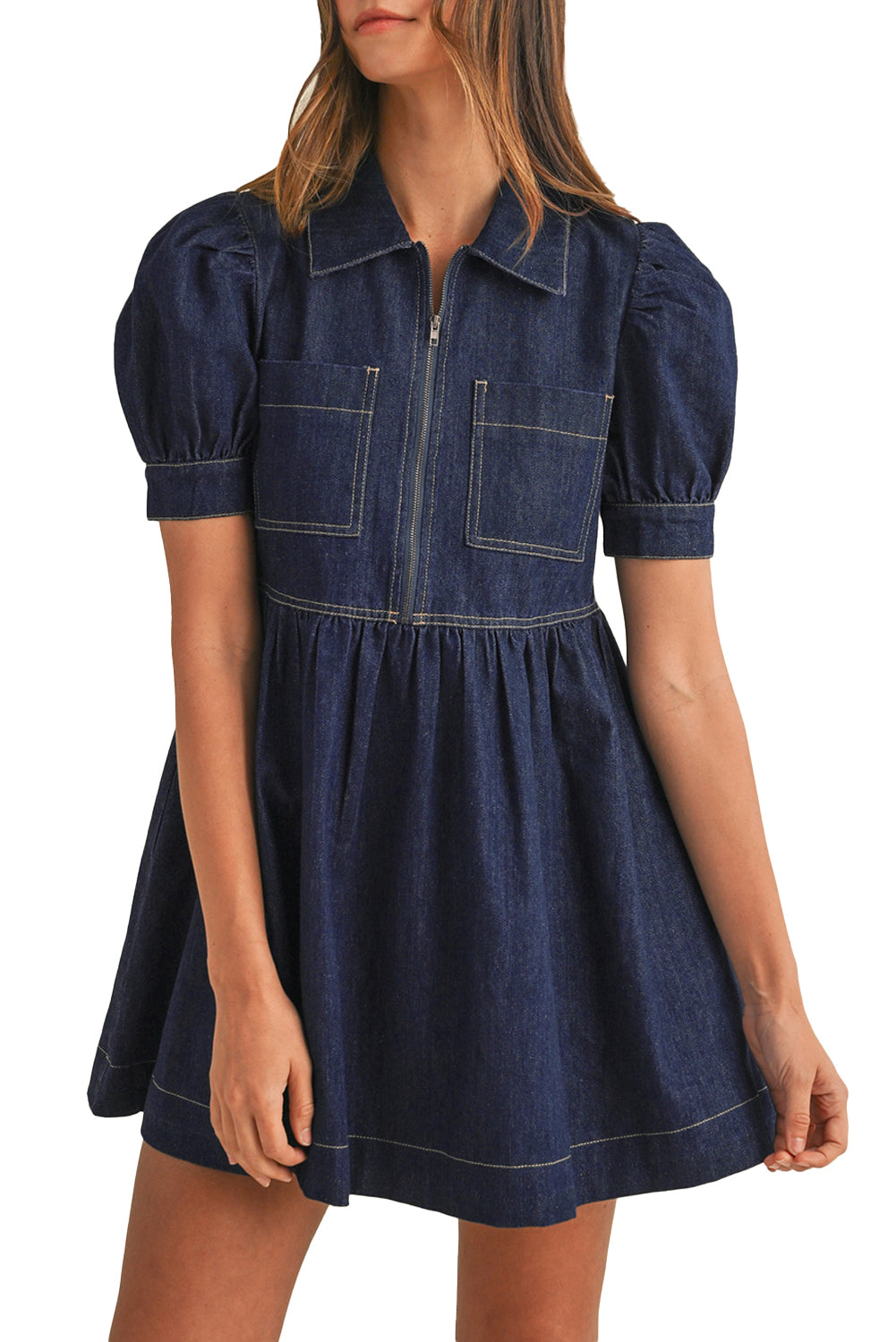 Dirty blue Zipped up Bodice Collared Short Puff Sleeve Denim Dress-Chaelisa's New Jammies