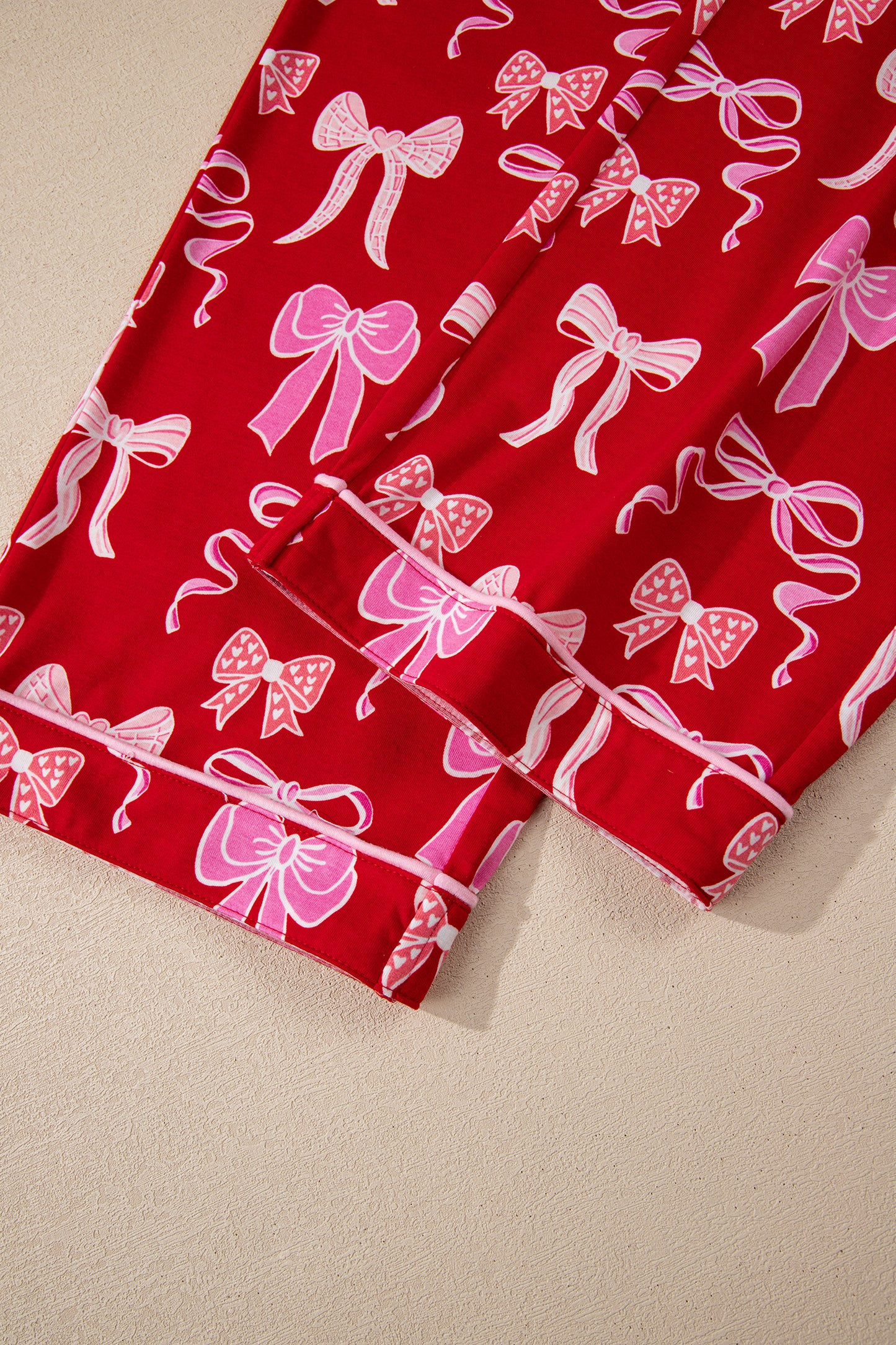 Red Sweet Bow Print Shirt Style Top Long 2pcs Pajama Set