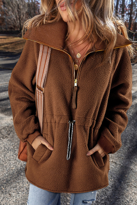 Brown Half Zip Fleece Pullover Sweatshirt-Chaelisa's New Jammies