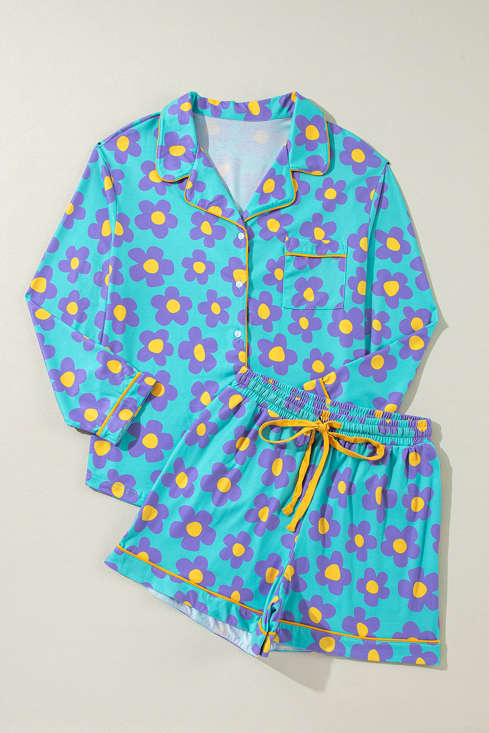 Green Flower Print Long Sleeve Shirt Shorts Pajamas Set-Chaelisa's New Jammies