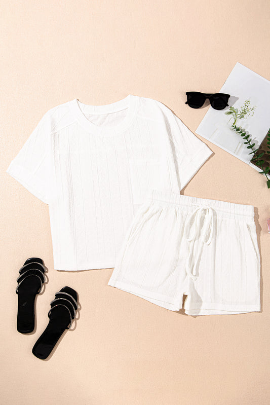 Jet Stream Textured Patched Pocket Short Sleeve Top Drawstring Shorts Set-Chaelisa's New Jammies