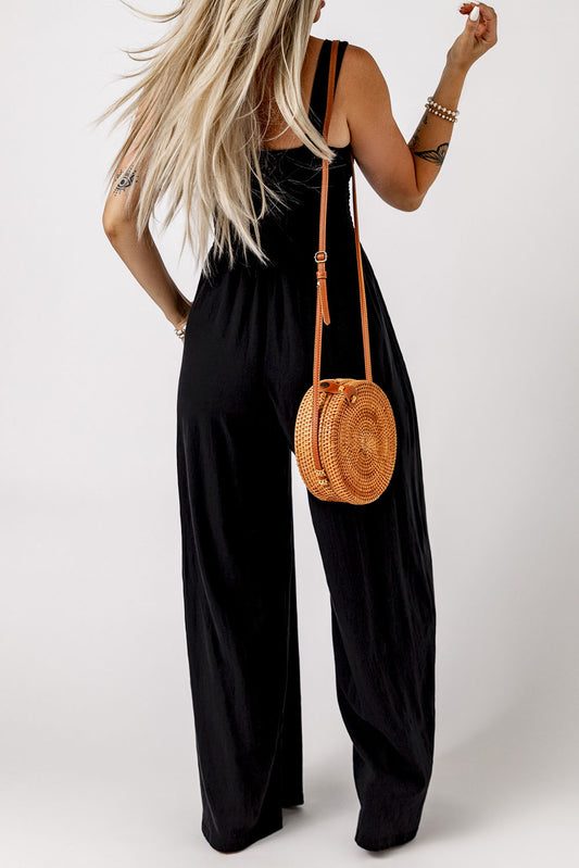 Black Smocked Sleeveless Wide Leg Jumpsuit with Pockets-Chaelisa's New Jammies