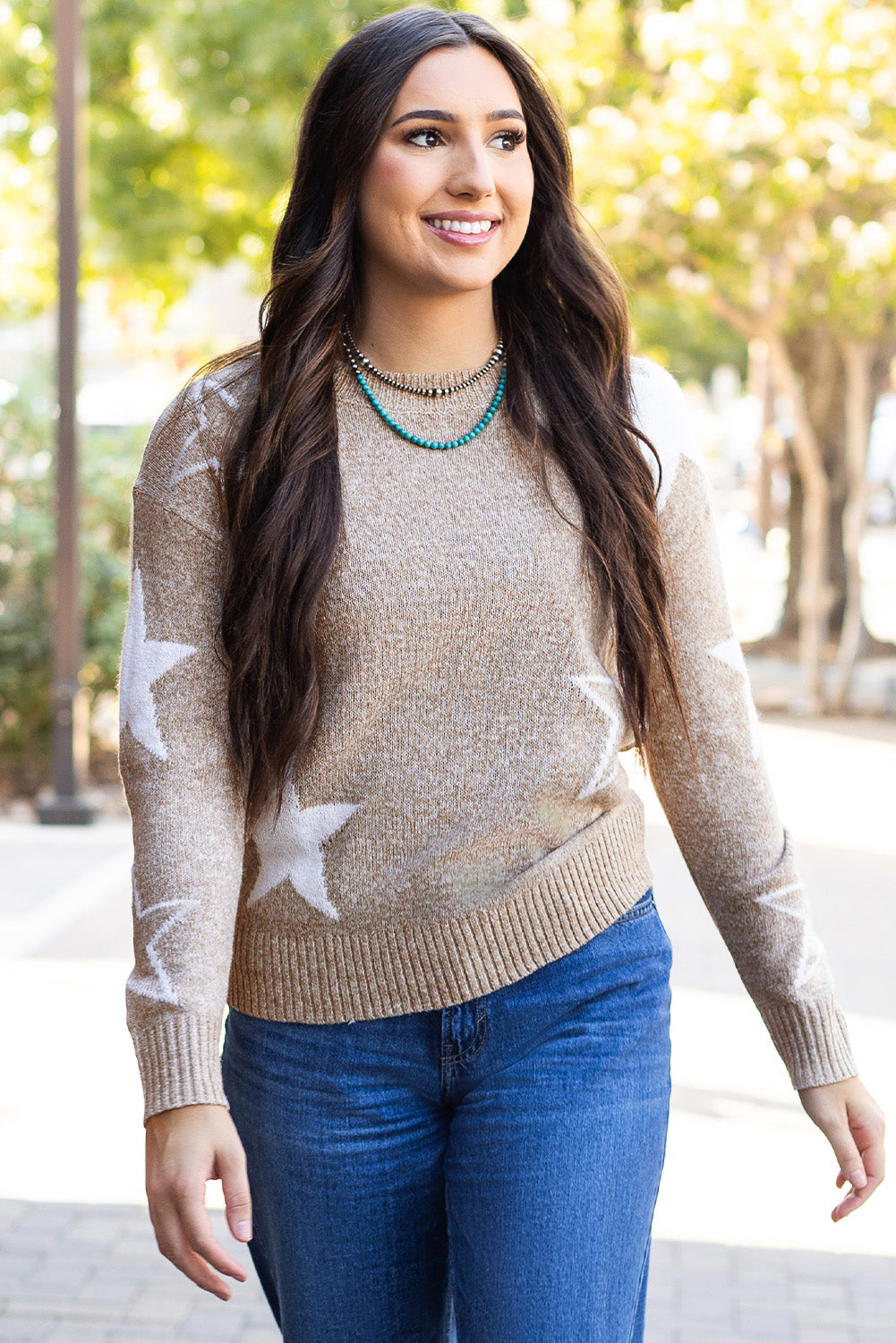 Khaki Star Pattern Drop Shoulder Sweater-Chaelisa's New Jammies