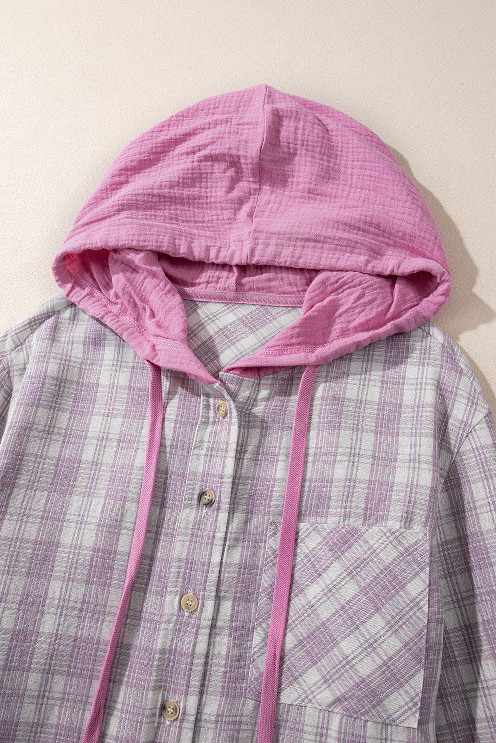 Pink Checkered Print Loose Fit Buttoned Hooded Shacket-Chaelisa's New Jammies