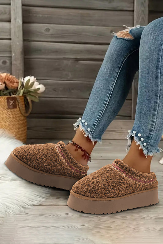 Chestnut Embroidered Sherpa Plush Thick Sole Snow Boots-Chaelisa's New Jammies
