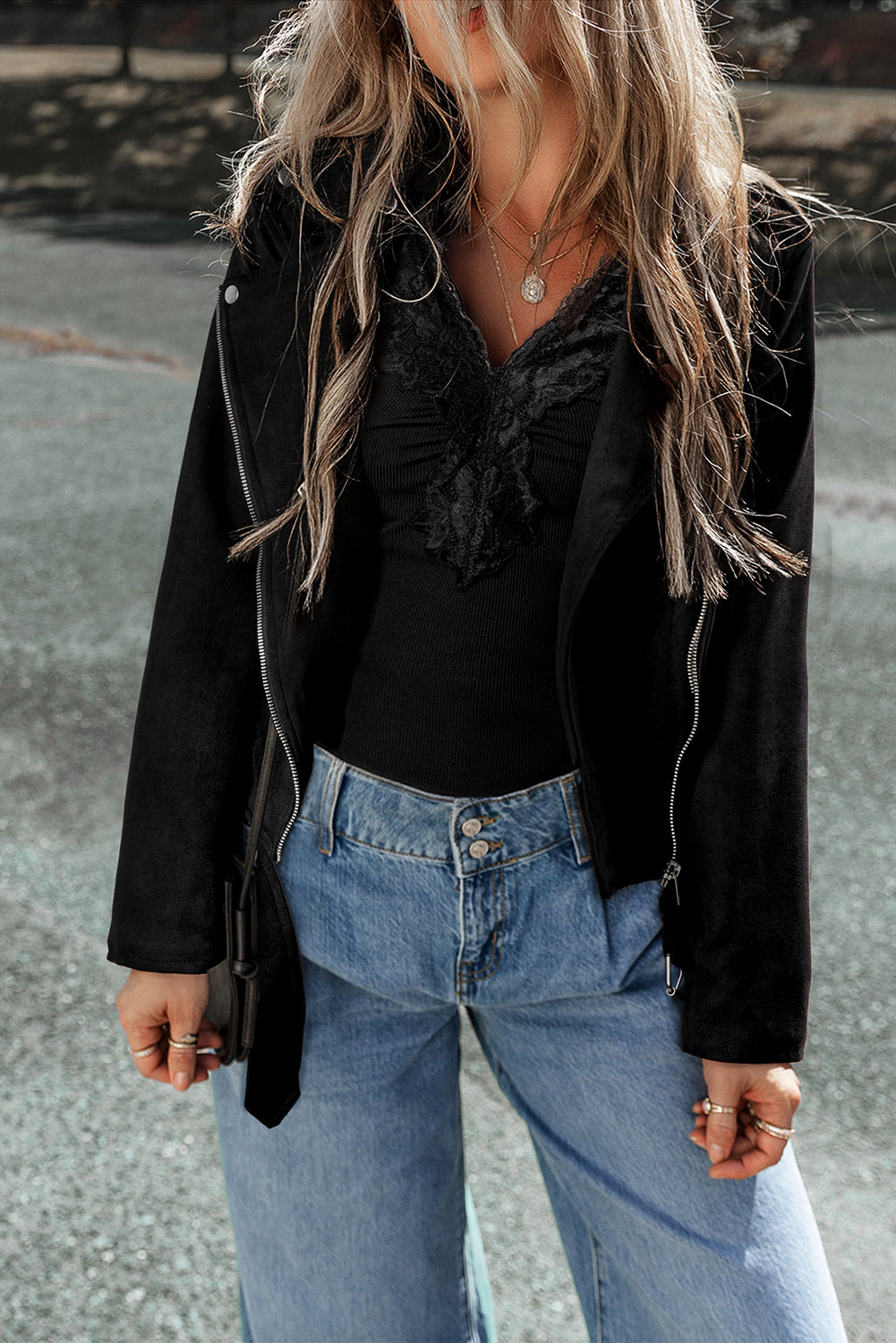 Black Asymmetric Zipper Belted Hem Jacket-Chaelisa's New Jammies