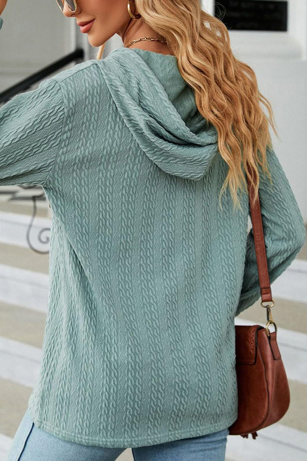 Mint Green Button Front Textured Drawstring Hooded Long Sleeve Top-Chaelisa's New Jammies