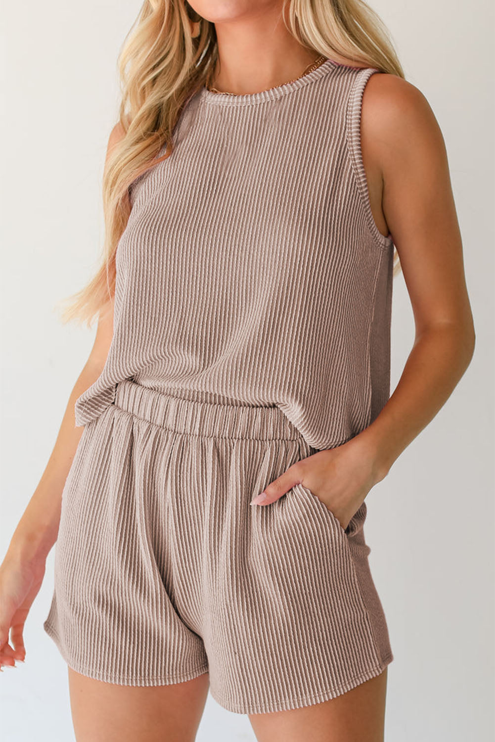 Smoke Gray Corded Sleeveless Top and Pocketed Shorts Set-Chaelisa's New Jammies