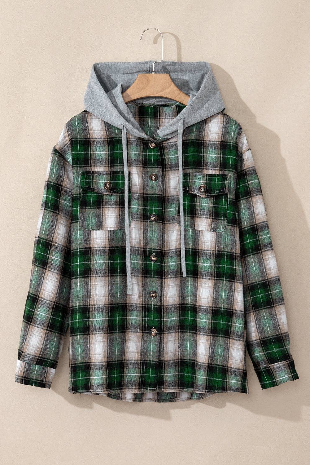 Green Plaid Print Chest Pocket Buttoned Hooded Shacket-Chaelisa's New Jammies