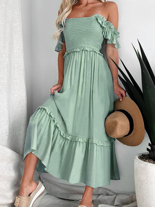 Frill Smocked Off-Shoulder Ruffle Sleeve Dress-Chaelisa's New Jammies