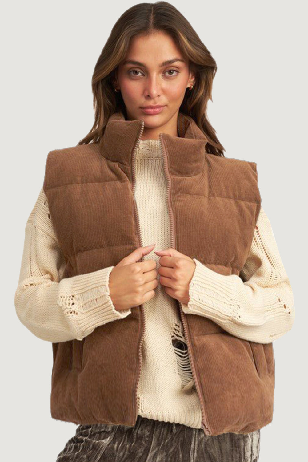 Coffee Corduroy Stand Neck Zipped Puffer Vest-Chaelisa's New Jammies