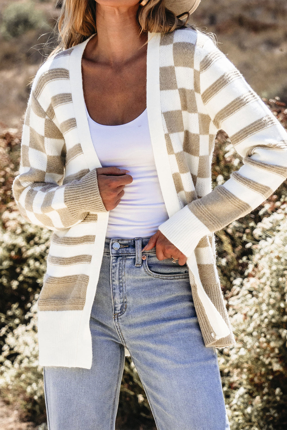 Smoke Gray Gingham Striped Knitted Open Front Cardigan-Chaelisa's New Jammies
