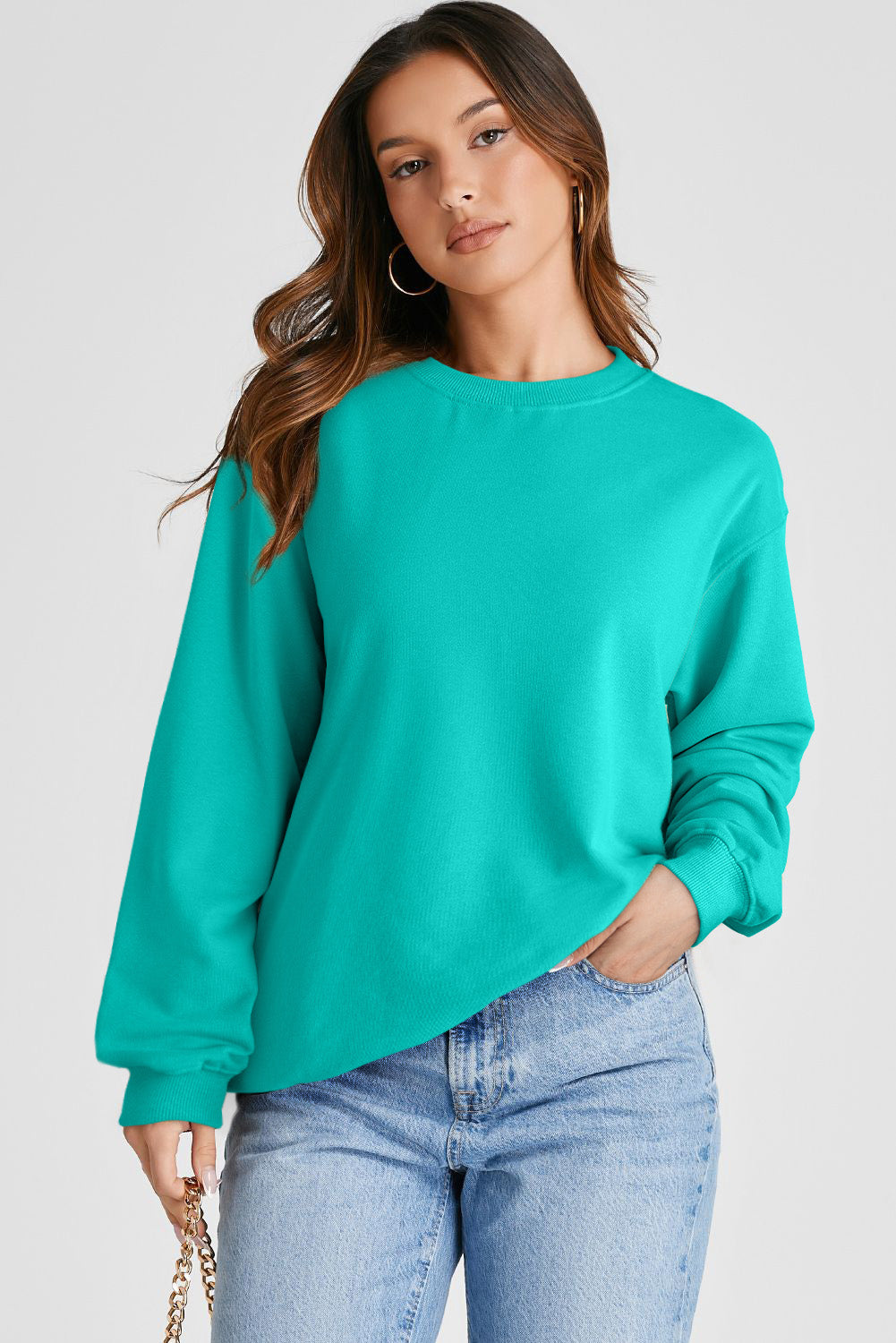 Aruba Blue Plain Drop Shoulder Crewneck Pullover Sweatshirt-Chaelisa's New Jammies