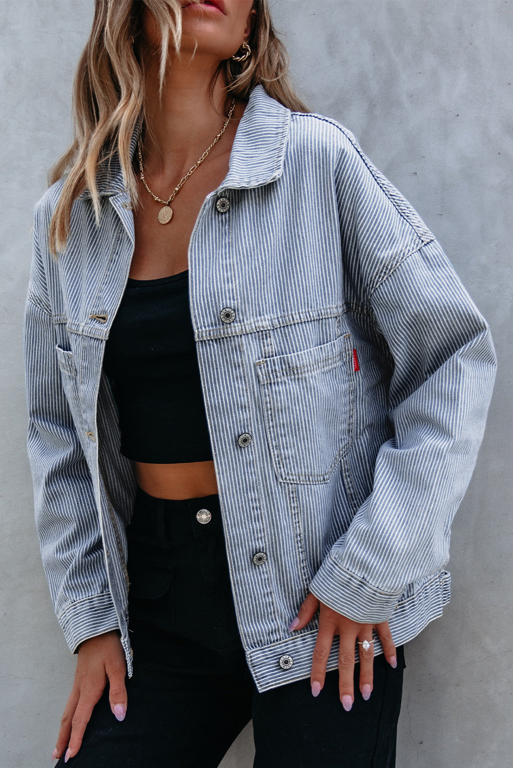 Sky Blue Stripe Washed Oversize Pocketed Denim Jacket-Chaelisa's New Jammies