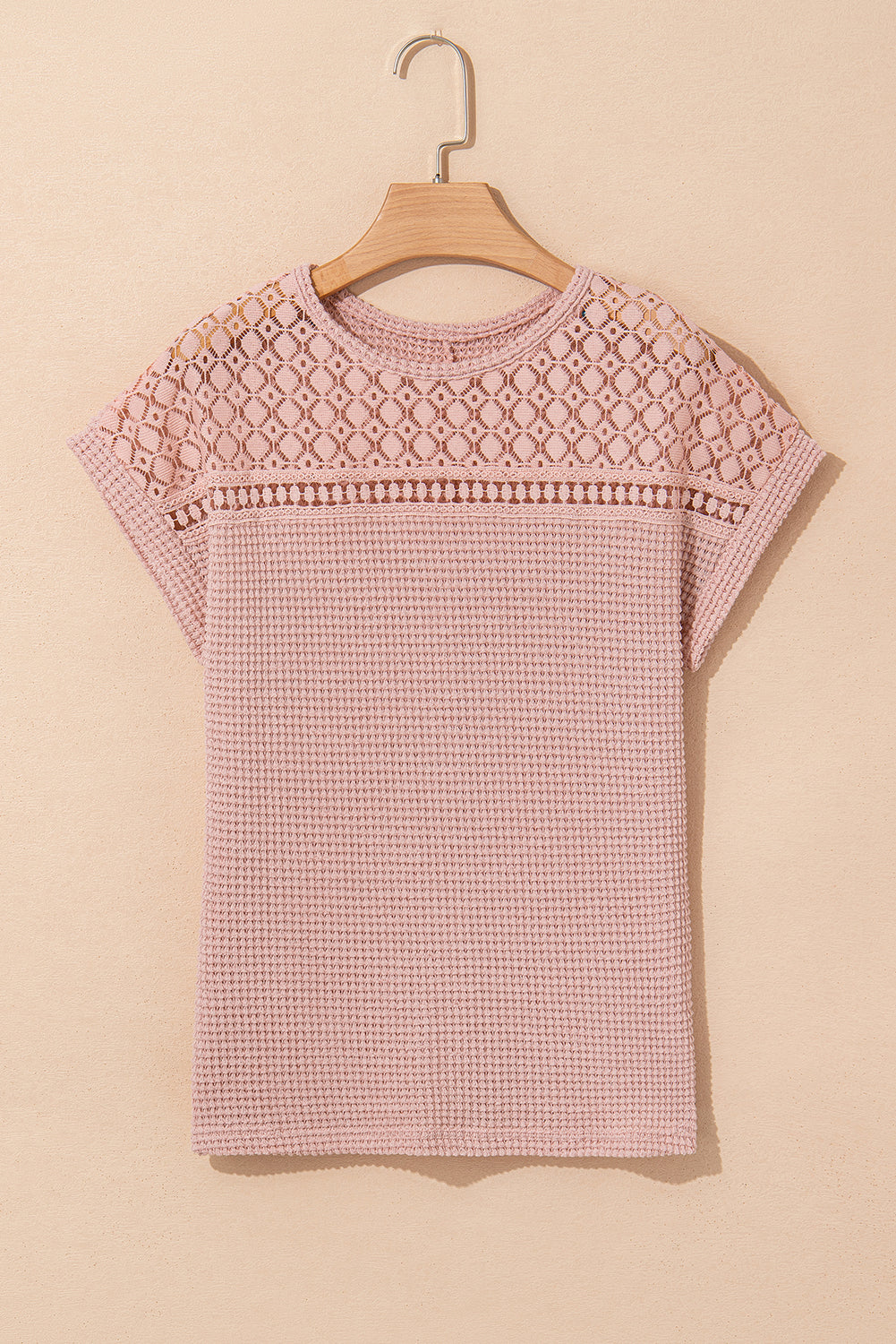 Light Pink Lace Patchwork Waffle Short Sleeve Top-Chaelisa's New Jammies