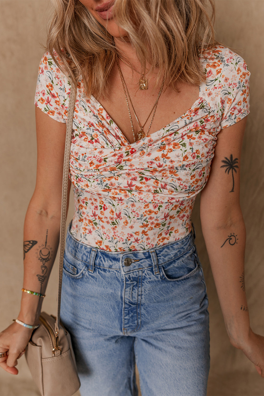 Orange Short Sleeve Floral Ruched Sweetheart Bodysuit-Chaelisa's New Jammies