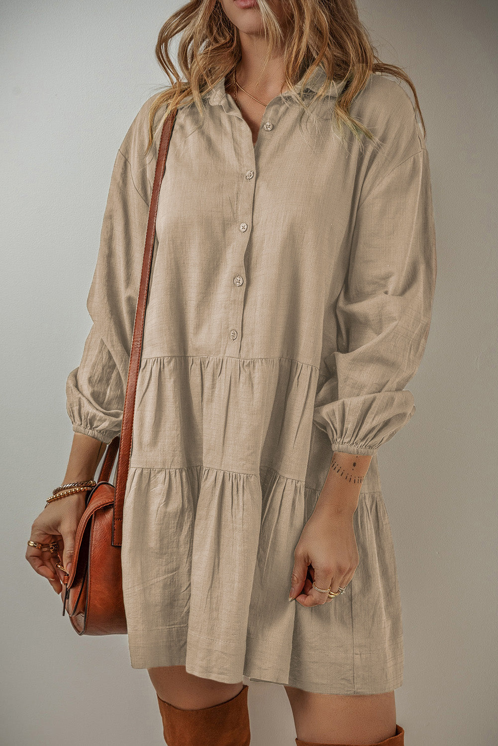 Tan Puff Sleeve Buttoned Tiered Pleated Shirt Mini Dress-Chaelisa's New Jammies