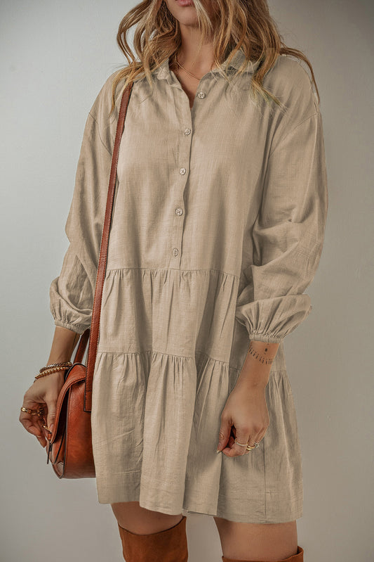 Tan Puff Sleeve Buttoned Tiered Pleated Shirt Mini Dress-Chaelisa's New Jammies