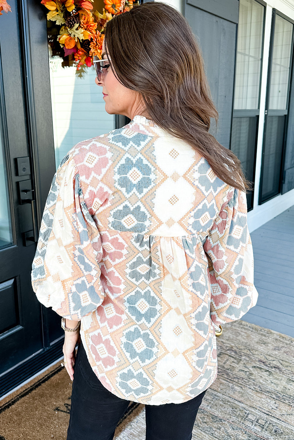 Khaki Geometric Print Tassel Tie Split Neck Balloon Sleeve Blouse-Chaelisa's New Jammies