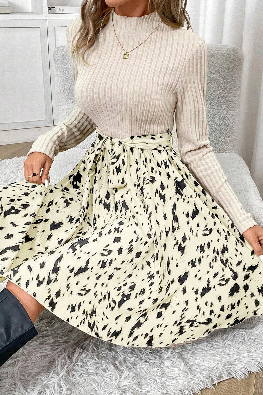 Beige Ribbed Knit Patchwork Printed Belted A-line Dress-Chaelisa's New Jammies