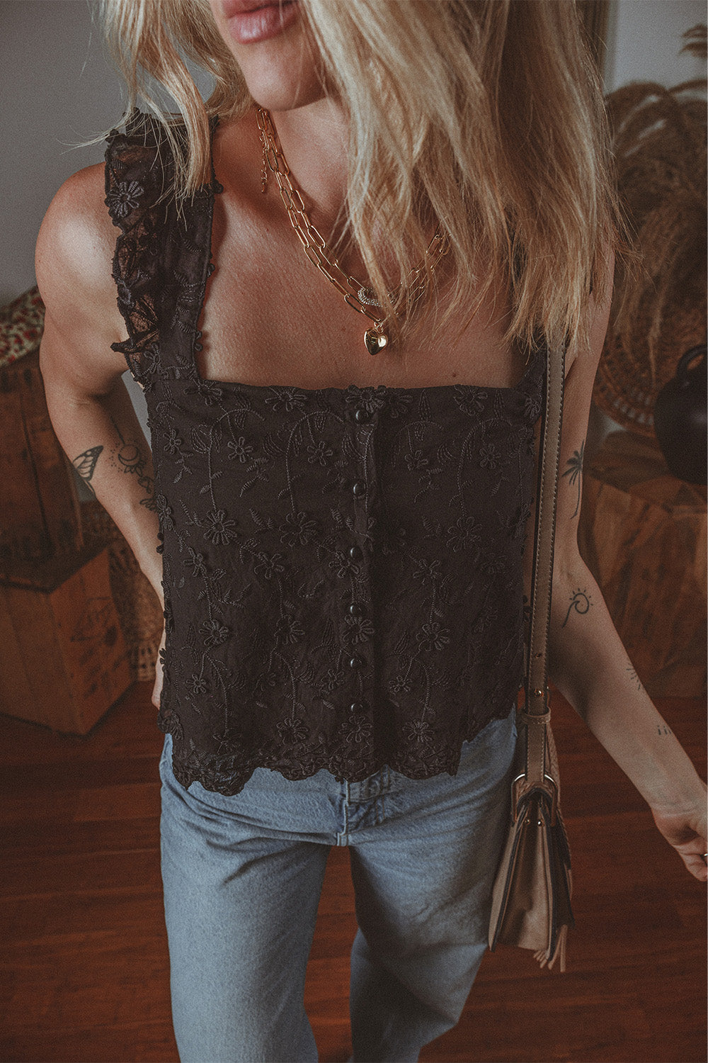 Black Floral Embroidered Buttoned Square Neck Tank Top-Chaelisa's New Jammies