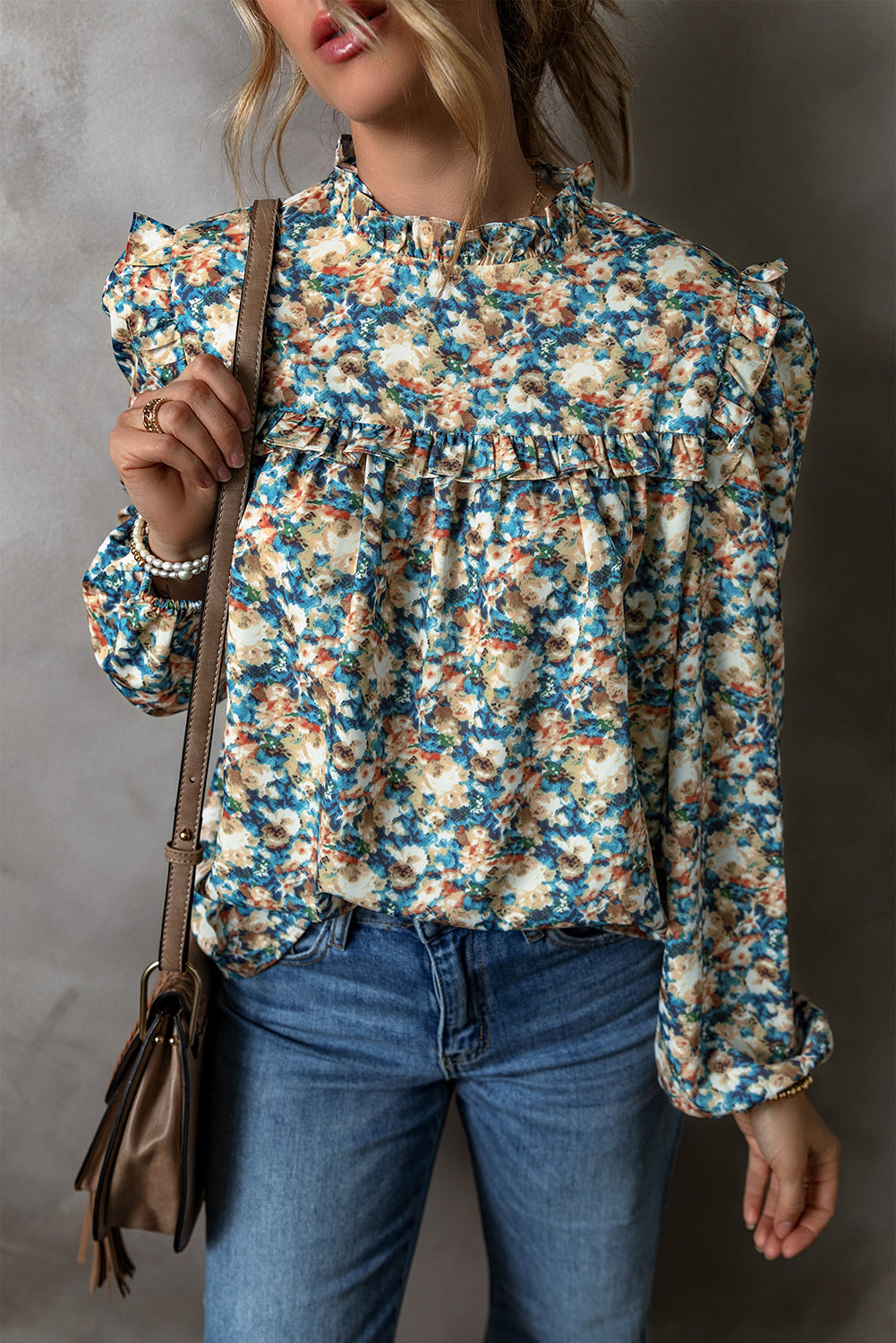 Sky Blue Floral Print Frilled Mock Neck Puff Sleeve Blouse-Chaelisa's New Jammies