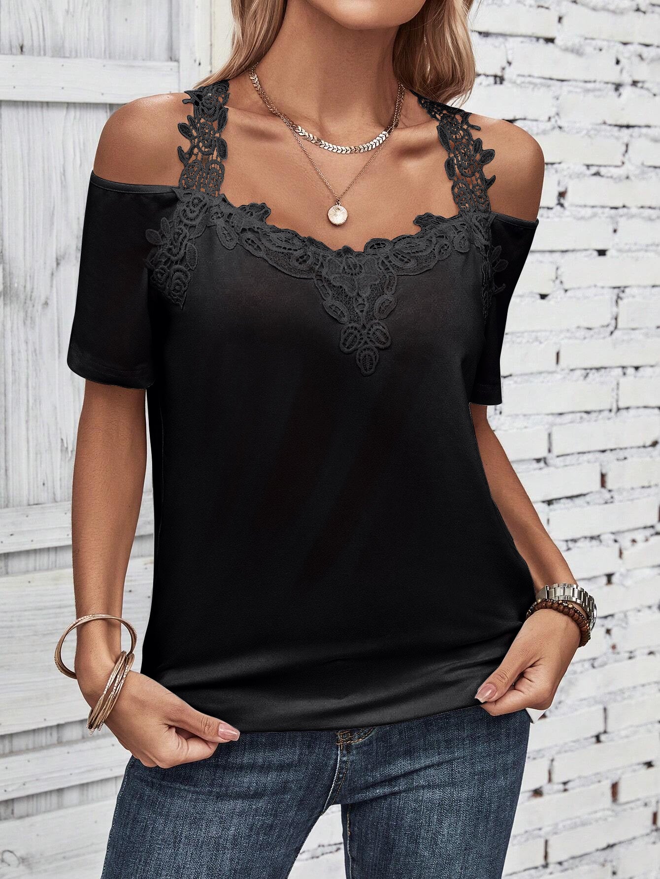 Full Size Lace Detail Short Sleeve T-Shirt-Chaelisa's New Jammies