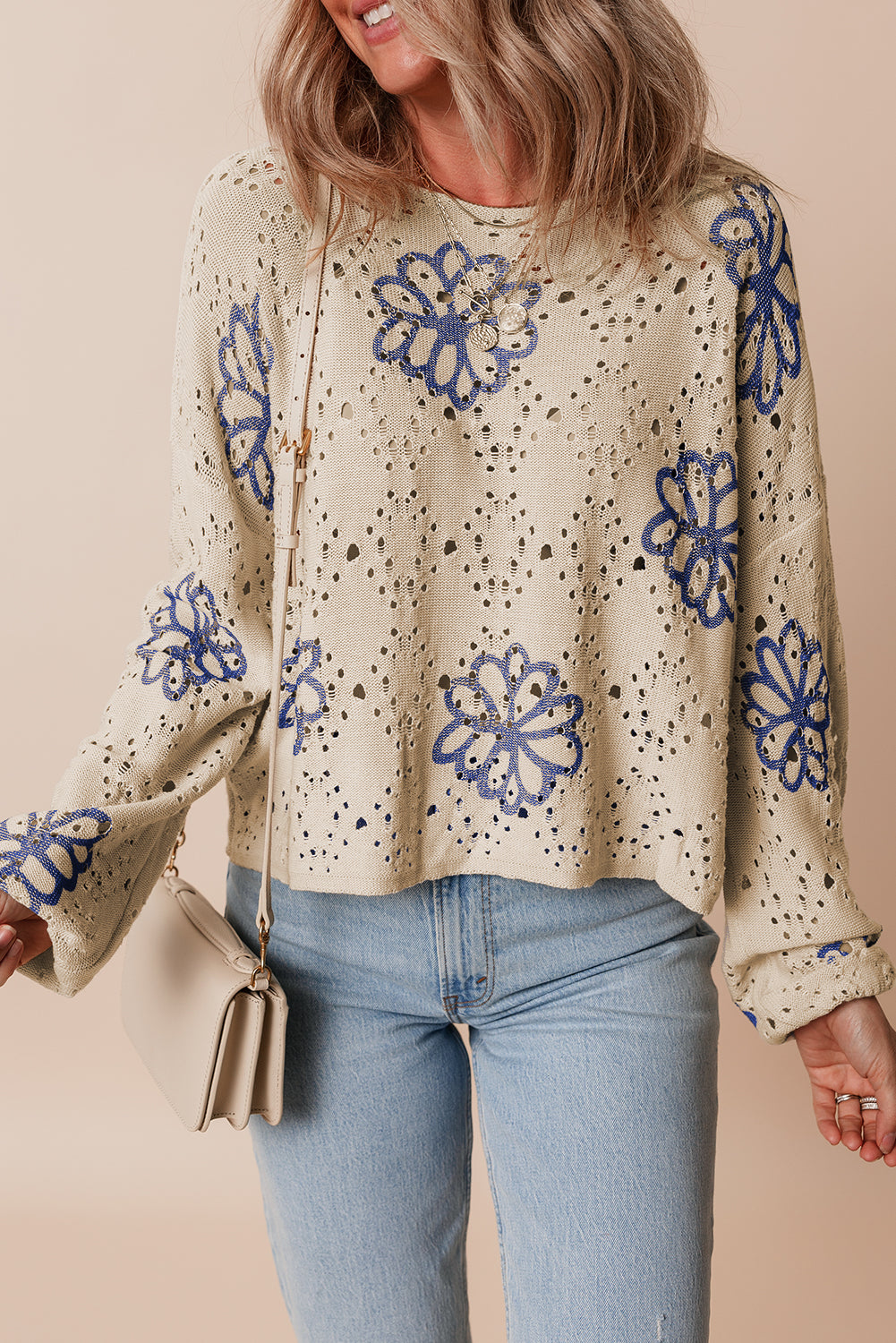Beige Contrast Flower Print Eyelet Drop Shoulder Sweater-Chaelisa's New Jammies