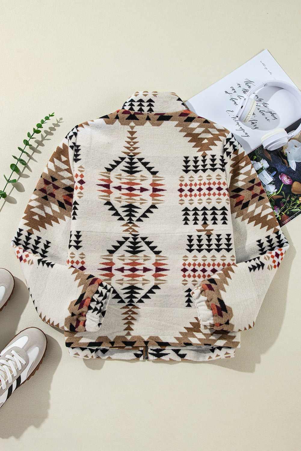 Beige Aztec Printed Stand Neck Zip Up Jacket-Chaelisa's New Jammies
