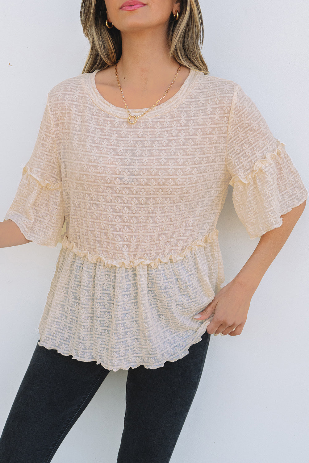Beige Solid Color Textured Ruffled Short Sleeve Blouse-Chaelisa's New Jammies