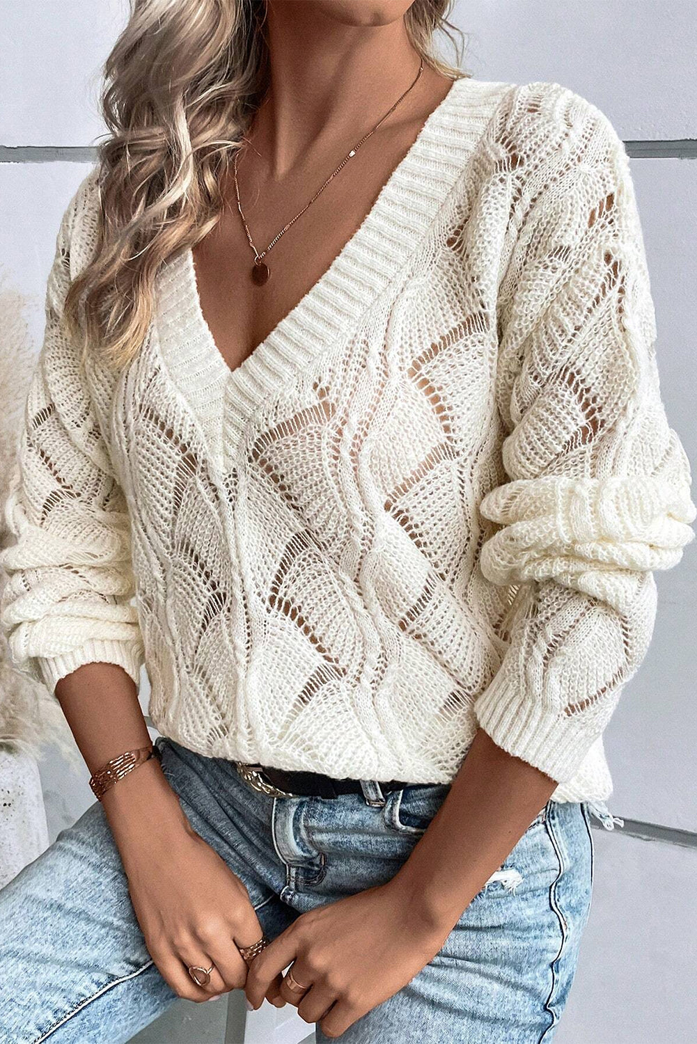 Beige Hollow Out Knit V Neck Drop Shoulder Sweater-Chaelisa's New Jammies