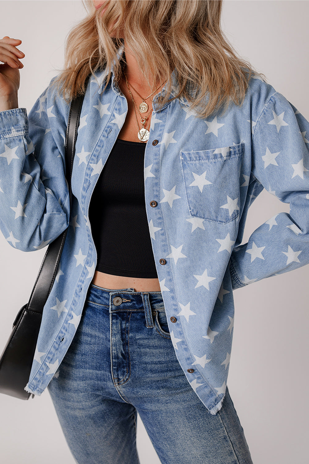 Sky Blue Star Print Light Wash Raw Hem Denim Jacket-Chaelisa's New Jammies