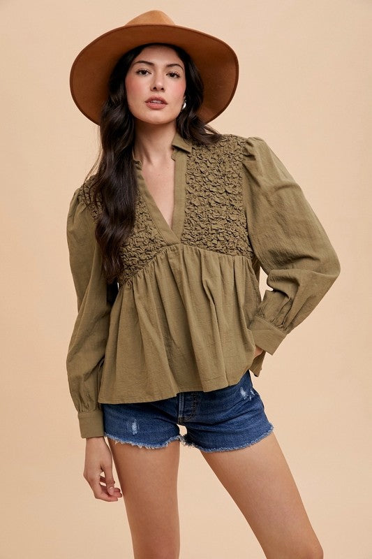 Annie Wear Smocked Front Long Sleeve Babydoll Blouse-Chaelisa's New Jammies