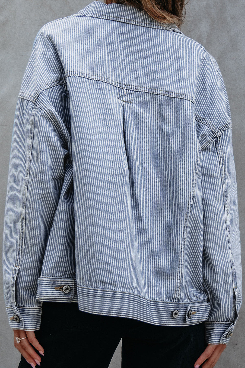 Sky Blue Stripe Washed Oversize Pocketed Denim Jacket-Chaelisa's New Jammies
