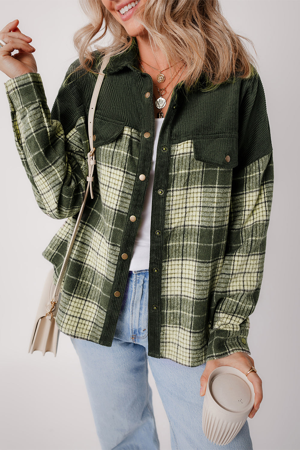 Blackish Green Snap Buttons Colorblock Plaid Shacket-Chaelisa's New Jammies