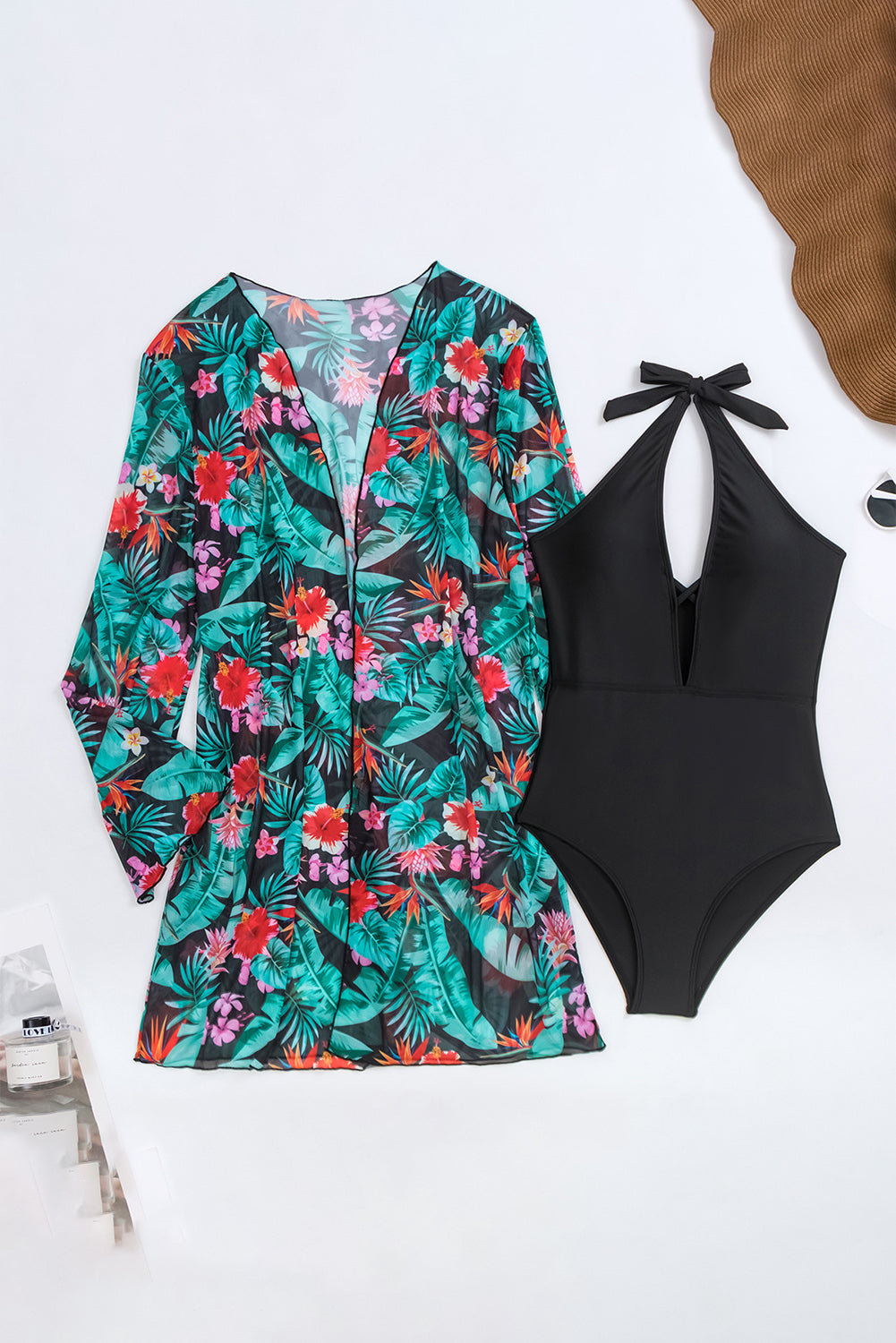 Black Halter Neck Monokini with Floral Beach Cover Up-Chaelisa's New Jammies