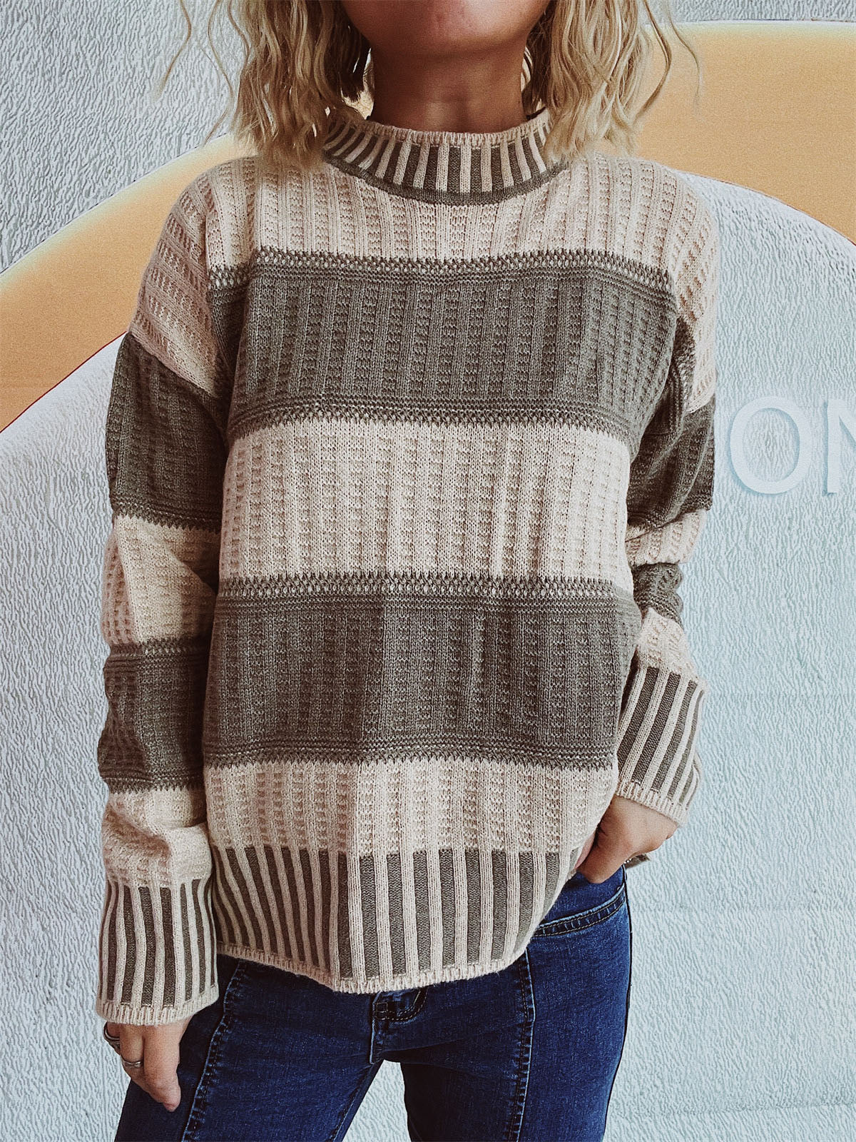 Contrast Round Neck Long Sleeve Sweater-Chaelisa's New Jammies