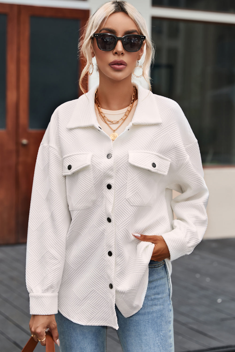 Solid Textured Flap Pocket Buttoned Shacket-Chaelisa's New Jammies