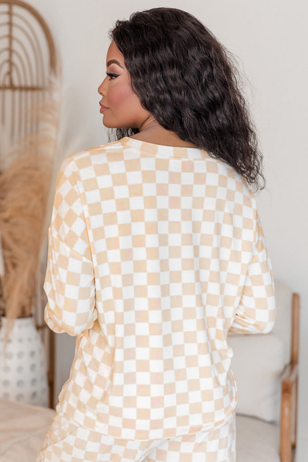 Beige Checkered Print Long Sleeve Top and Pants Lounge Set-Chaelisa's New Jammies
