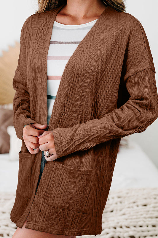 Coffee  Solid Textured Open Front Cardigan with Pocket-Chaelisa's New Jammies