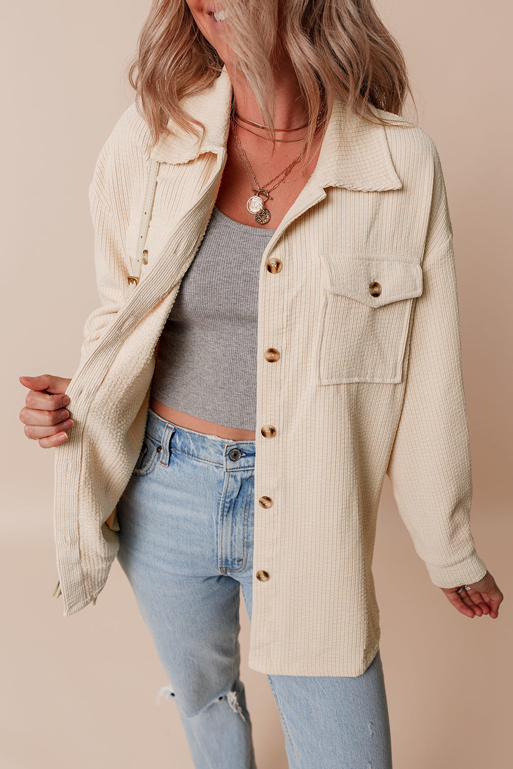 Oatmeal Corduroy Flap Pocket Button Up Shacket-Chaelisa's New Jammies