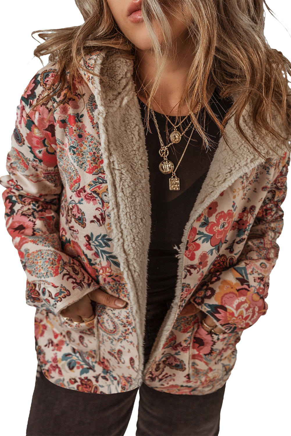 Beige Vintage Paisley Floral Printed Sherpa Lined Hooded Jacket-Chaelisa's New Jammies