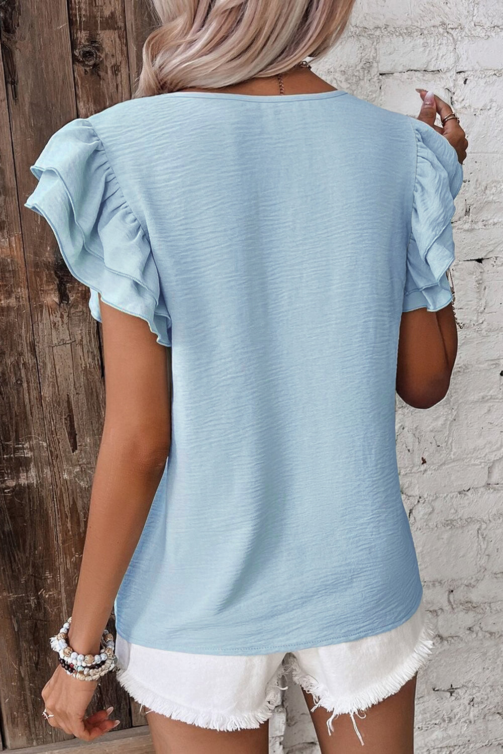 Mist Blue Solid Color Ruffled Short Sleeve Casual Blouse-Chaelisa's New Jammies