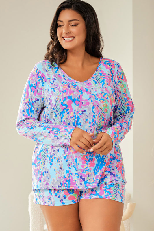Sky Blue Plus Size Floral Print Long Sleeve and Shorts Lounge Outfit-Chaelisa's New Jammies