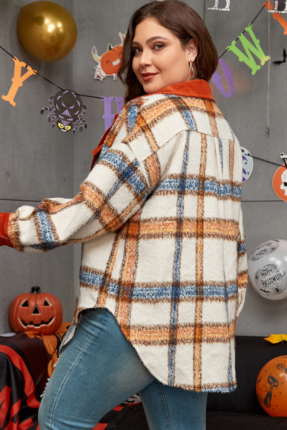 Brown Stripe Plus Size Plaid Print Collared Buttoned Jacket-Chaelisa's New Jammies