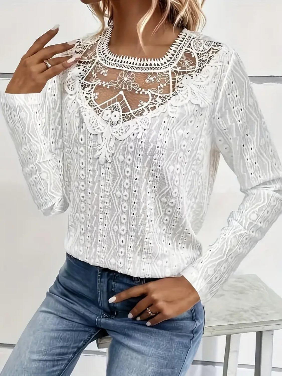 Lace Eyelet Long Sleeve Top-Chaelisa's New Jammies